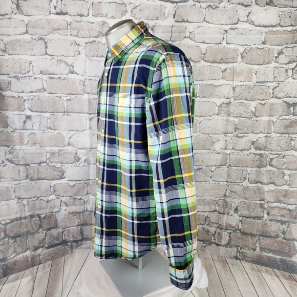 J.Crew Button Front Plaid Shirt Tailored Fit Cotton Blue Green Yellow Size Large - Picture 11 of 11